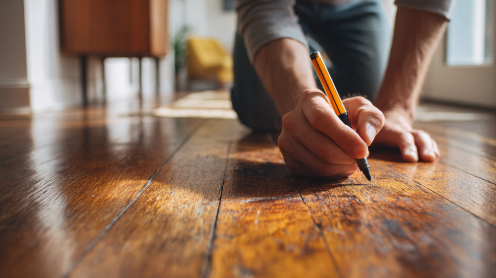 フローリング 傷 補修 ペンを実践している様子