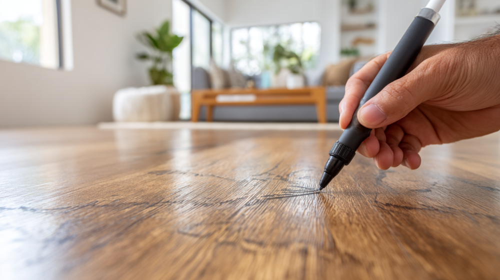 フローリング 傷 補修 ペンの外観と使用例