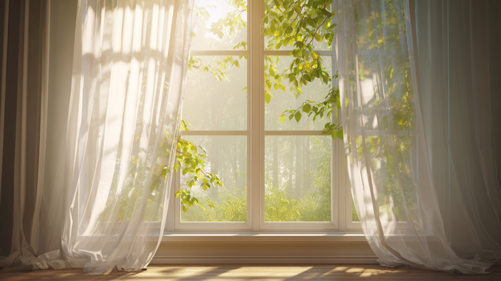 日差しをカーテンで遮る窓辺
