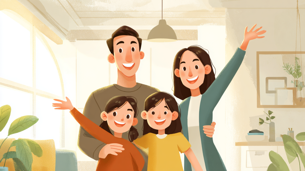 節約生活を楽しむ家族の様子