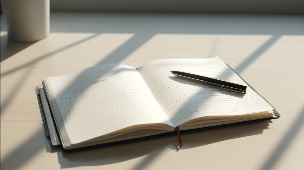メモ帳とペンが置かれている机