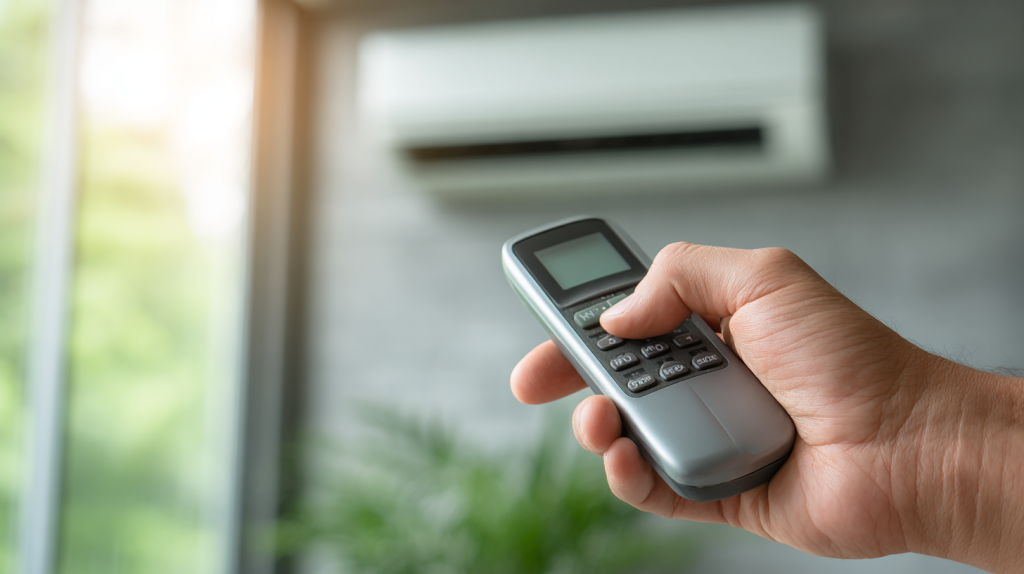 エアコンのリモコンを操作している様子