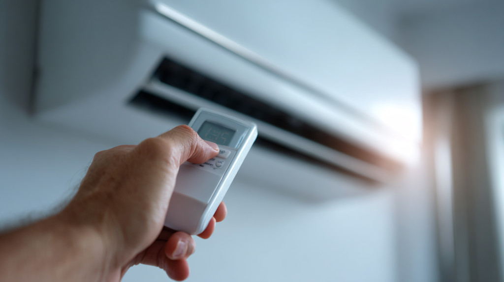 クーラーの温度調整をする手元の写真、涼しい室内環境