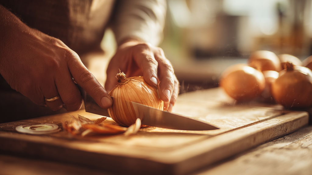 玉ねぎをまな板で切っている手元のアップ