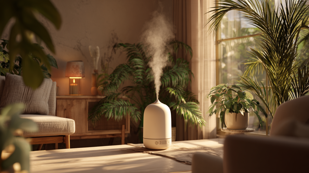 室内で加湿器と観葉植物が置かれたリビングの写真