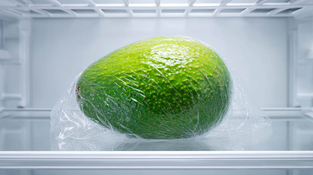 ラップで包まれ冷蔵庫に保存されたアボカド