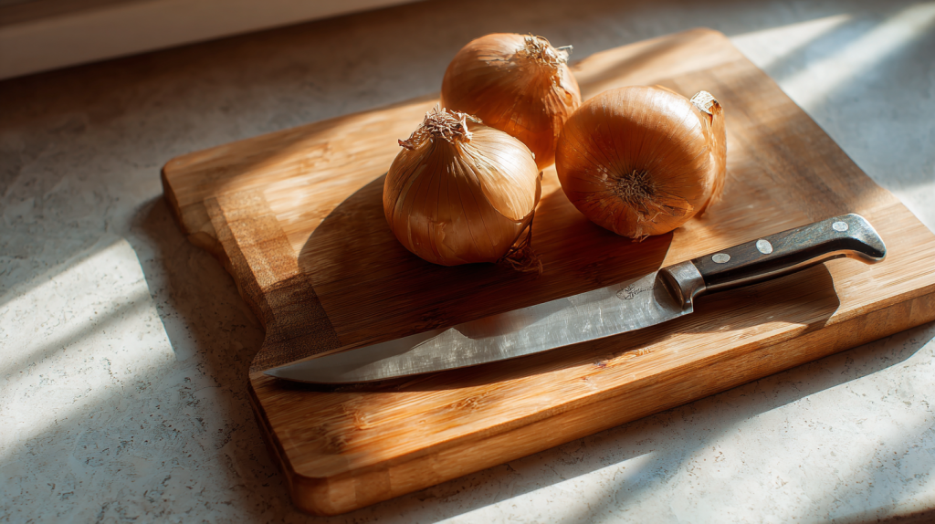 玉ねぎと包丁がまな板に置かれている様子