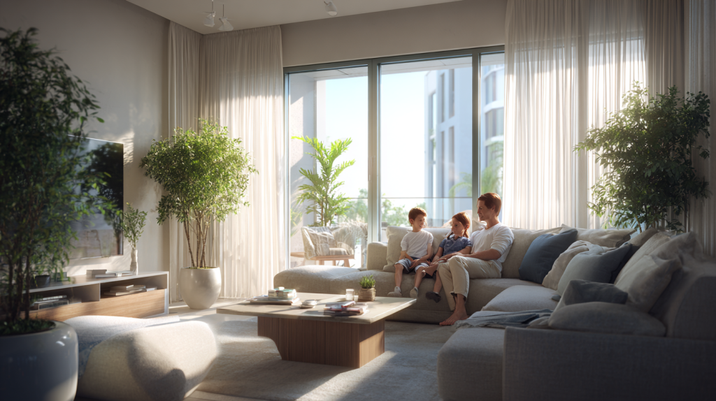 リビングで快適に過ごす家族の様子