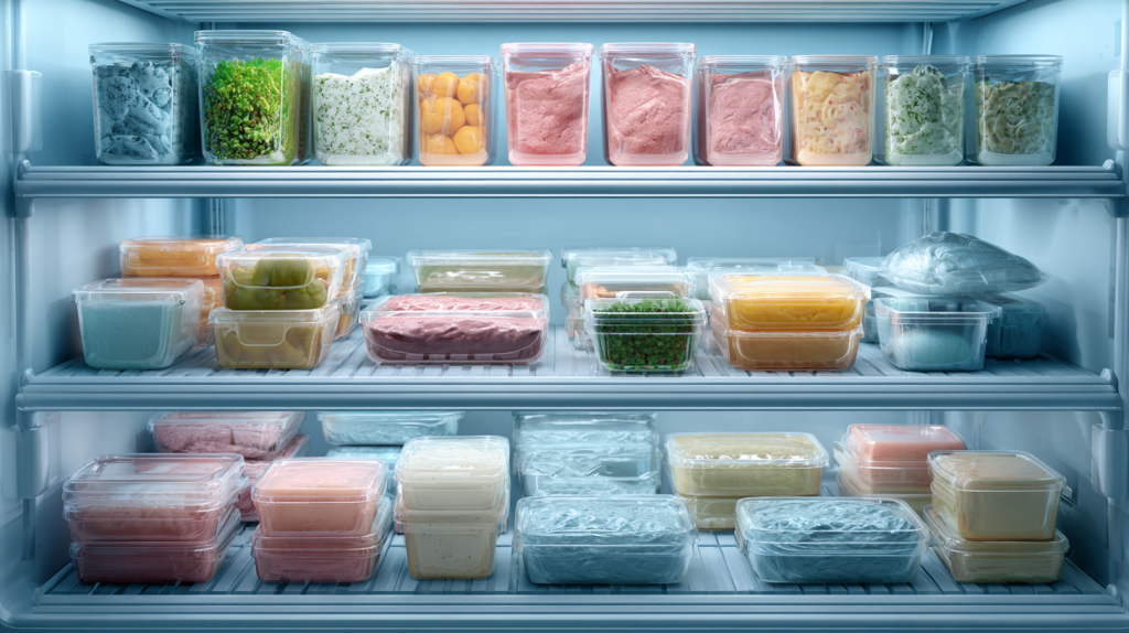 食材が種類別に分けられた冷凍庫の棚