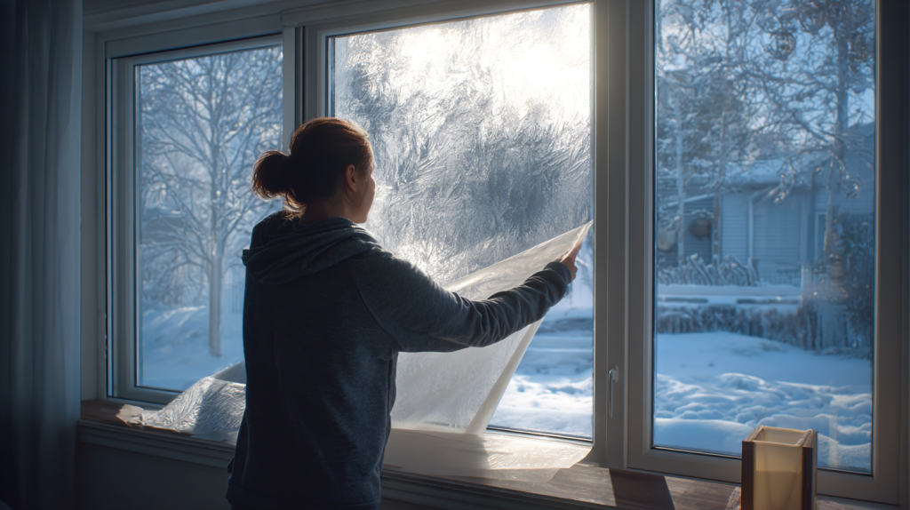 窓に断熱シートを貼っている様子