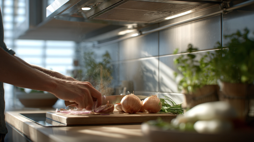 換気扇の下で玉ねぎを切る様子