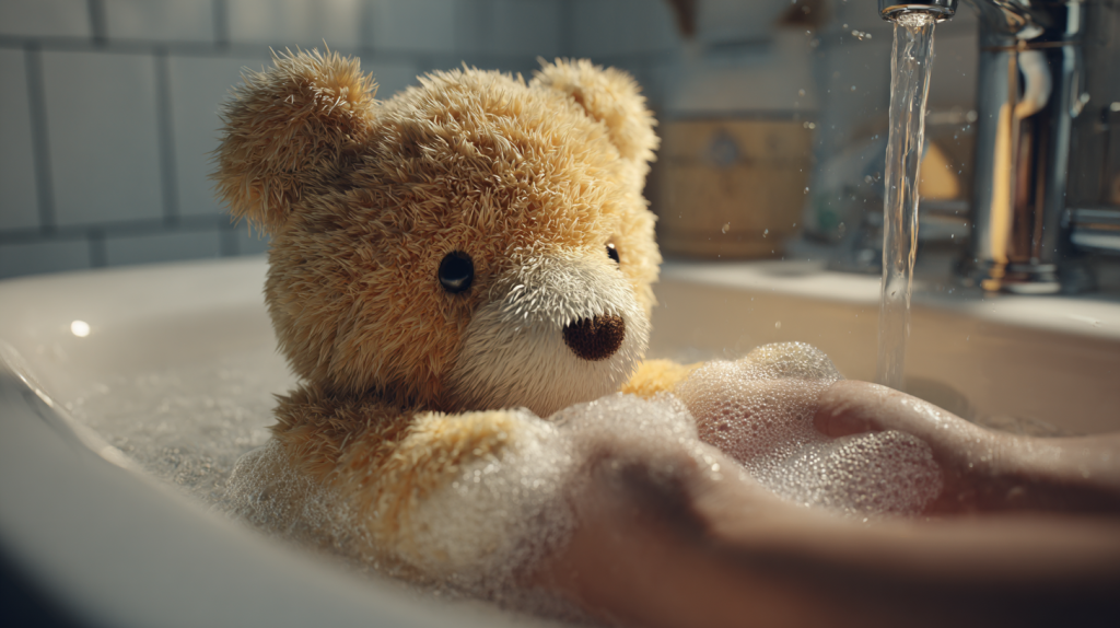 洗面台で手洗いするぬいぐるみ