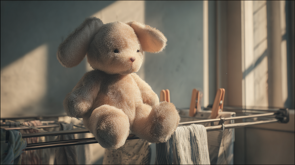 風通しの良い場所で陰干しするぬいぐるみ