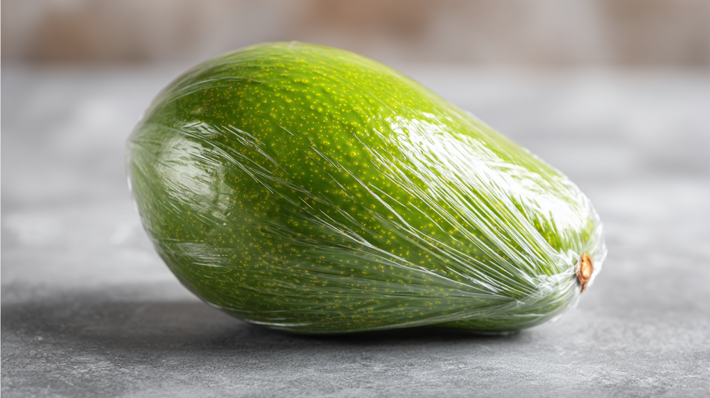 保存用にラップが密着したアボカドの断面