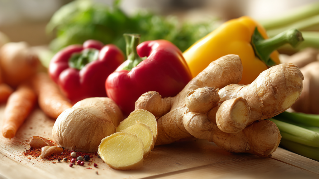 新鮮な野菜と生姜が並ぶキッチンテーブルの写真