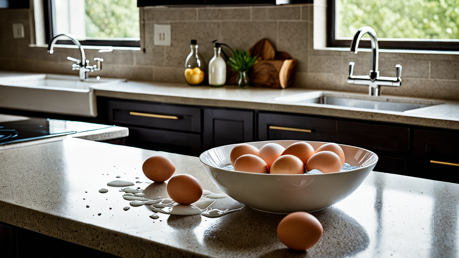 水を張ったボウルに卵を入れて浮き具合を確認する様子