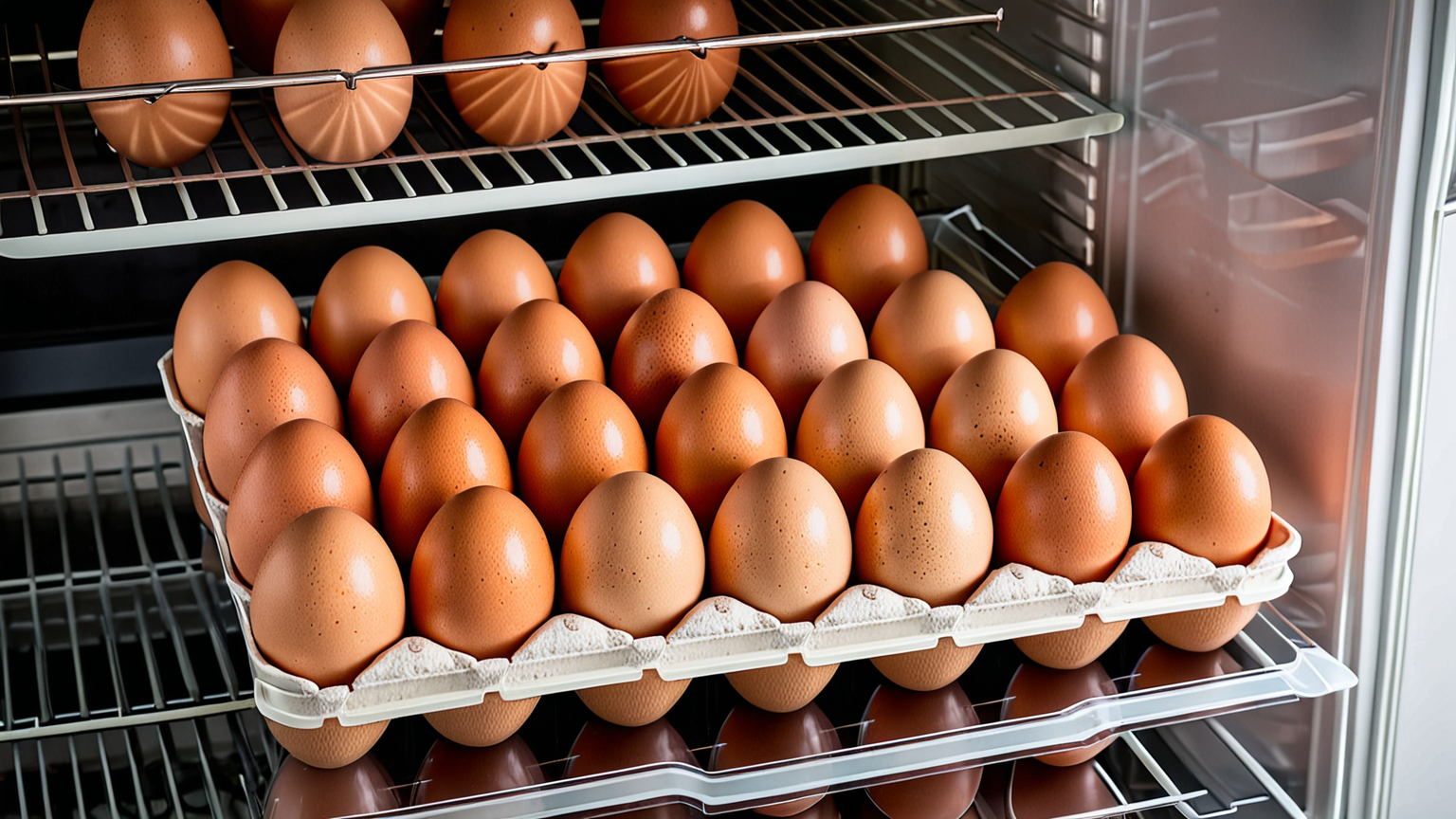 冷蔵庫の卵専用トレイにきちんと並べられた卵