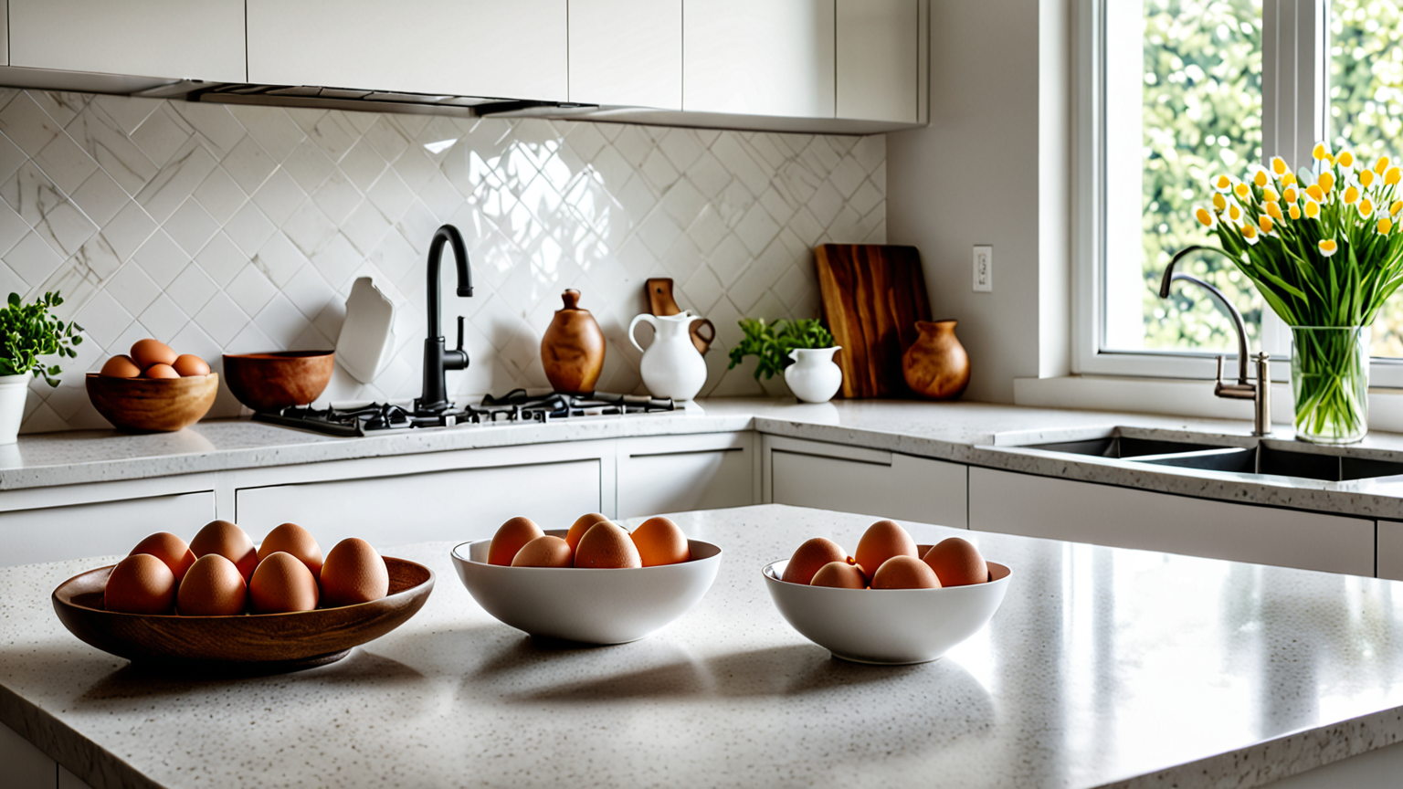 キッチンで卵を割って確認している様子