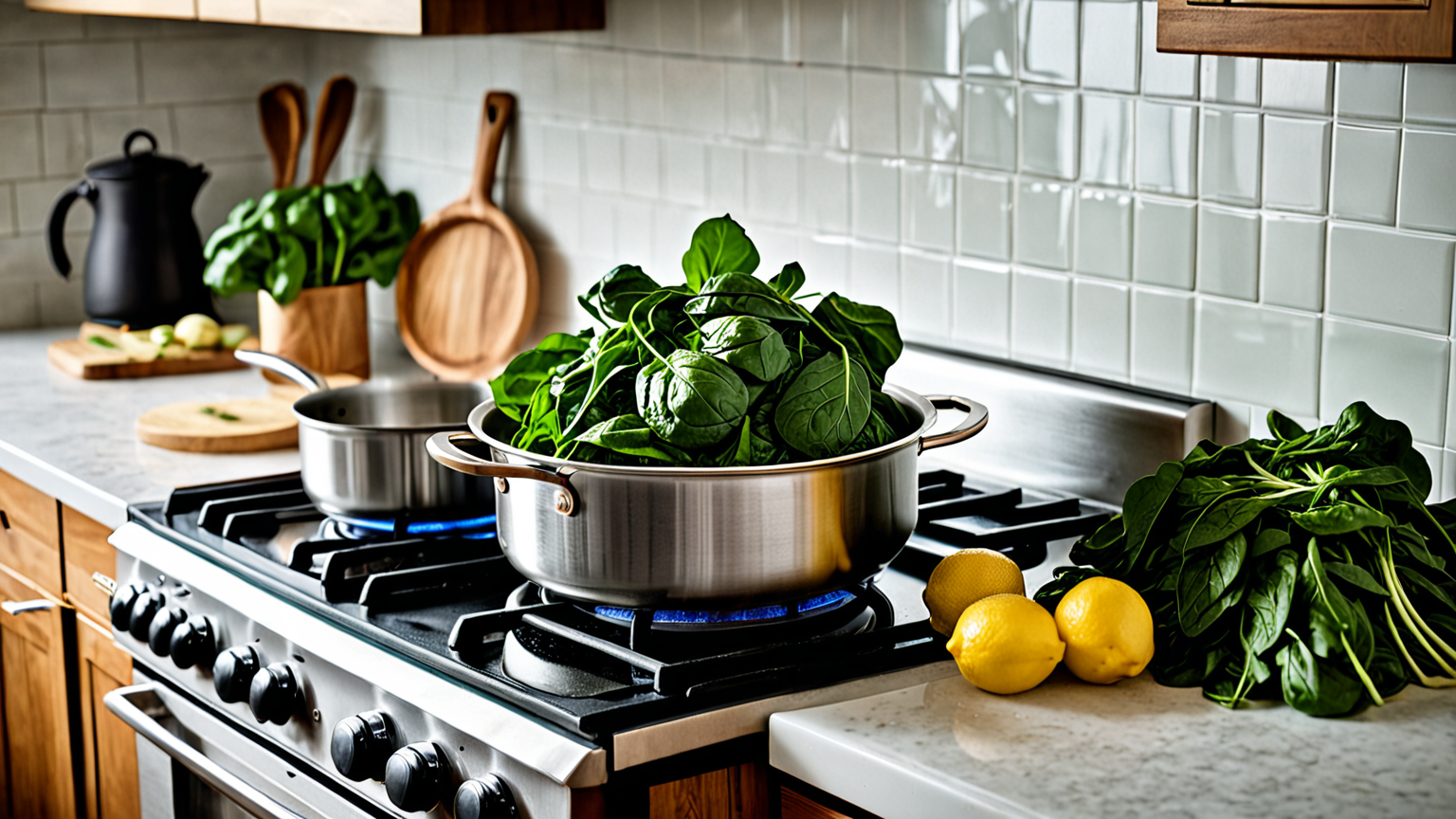 ほうれん草の束と鍋に湯が沸いている様子