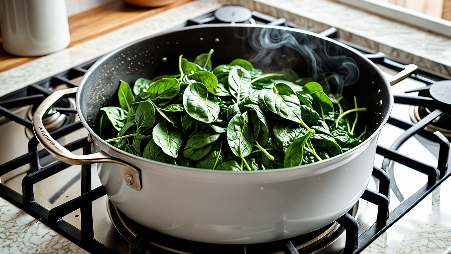 ほうれん草をお湯に入れて茹でている様子