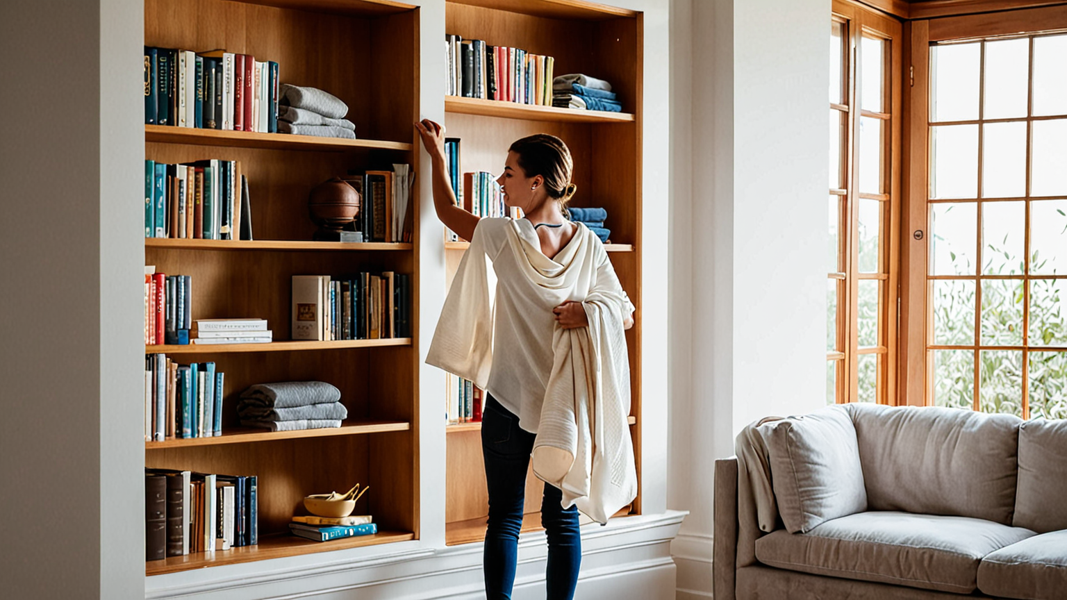 乾いた布で本棚のホコリを拭き取る様子
