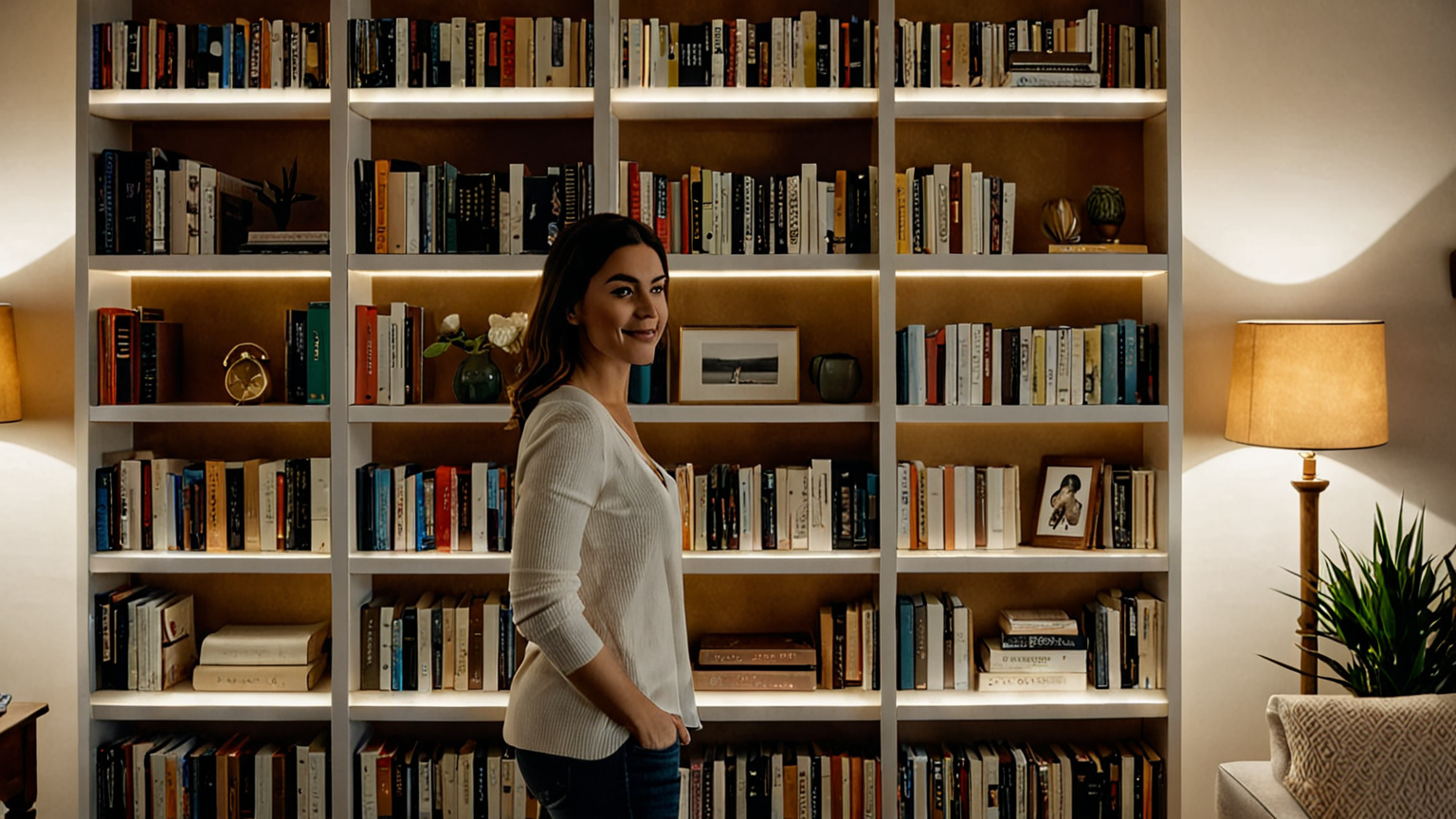 整理された本棚を見て微笑む女性