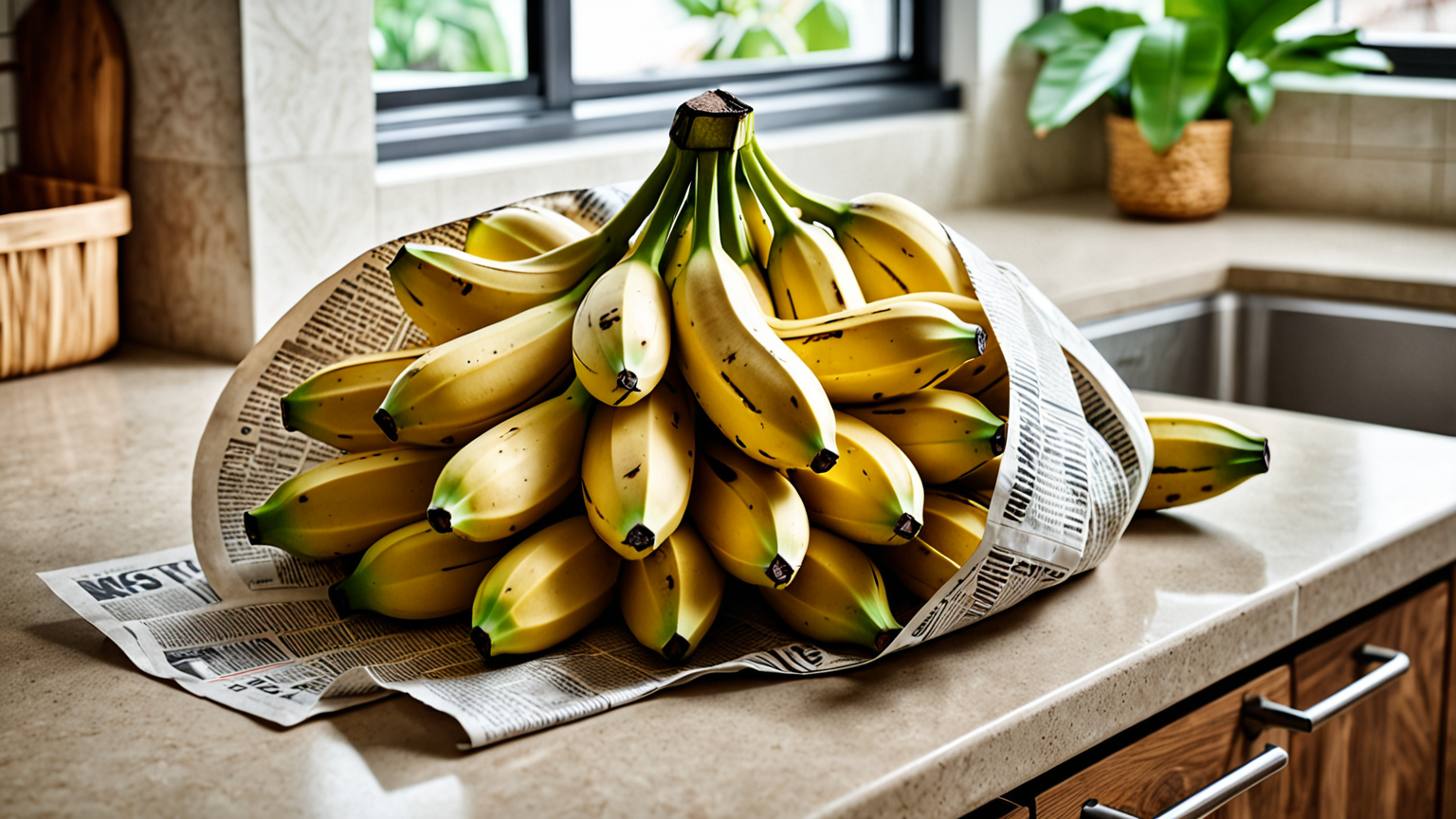 バナナの房を新聞紙で包む様子