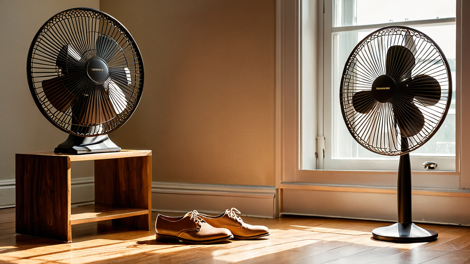 扇風機で靴を乾かす様子