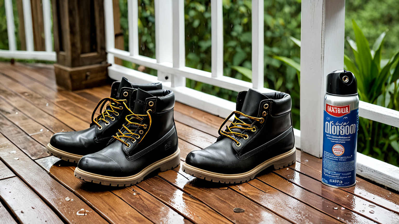靴の防水スプレーをかける様子