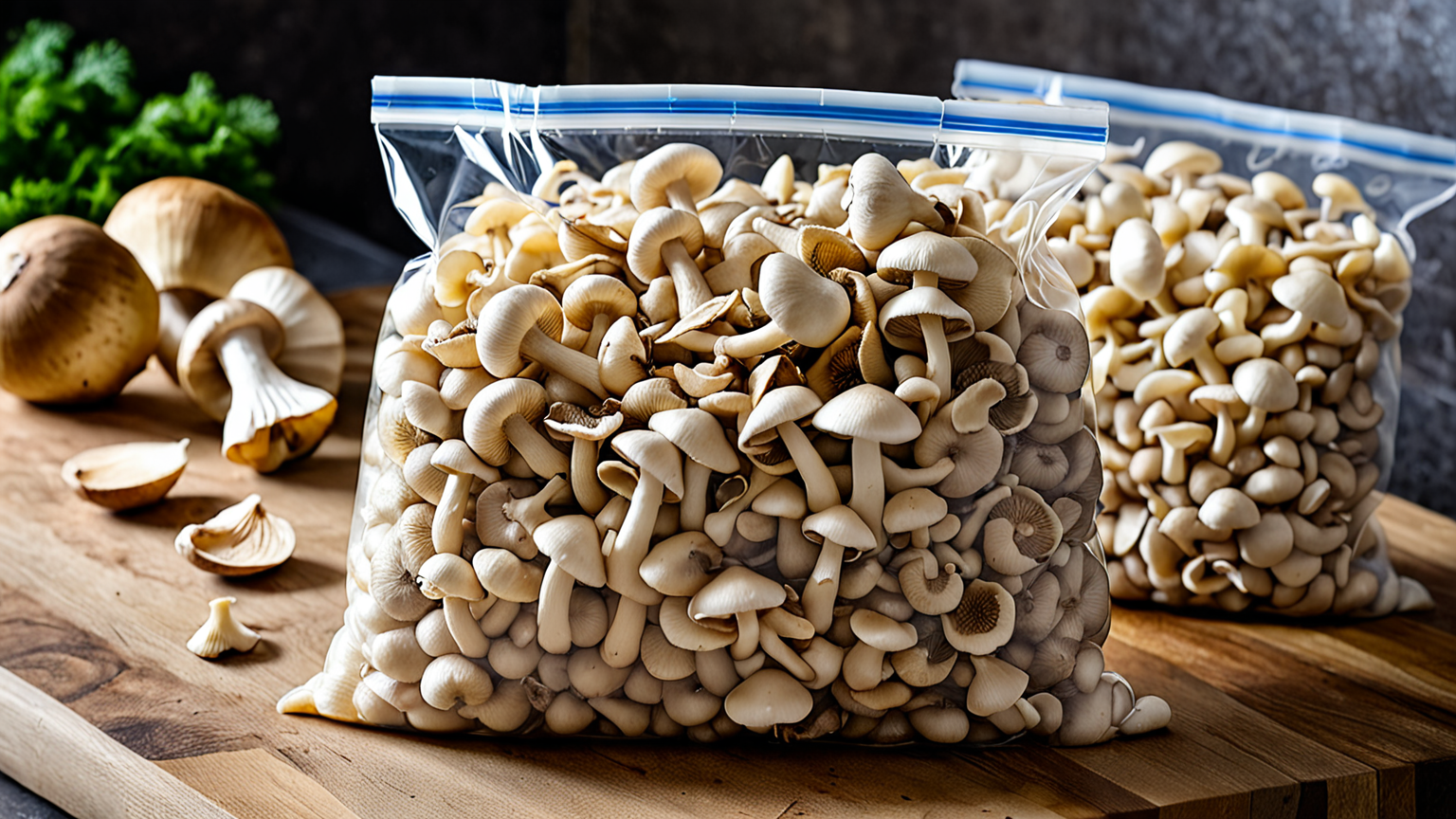 下茹でして小分けにしたきのこを冷凍保存袋に入れている様子