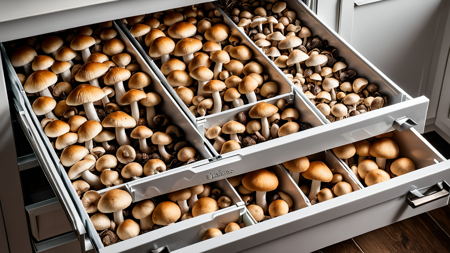 冷凍庫の中できのこがきれいに保存されている様子