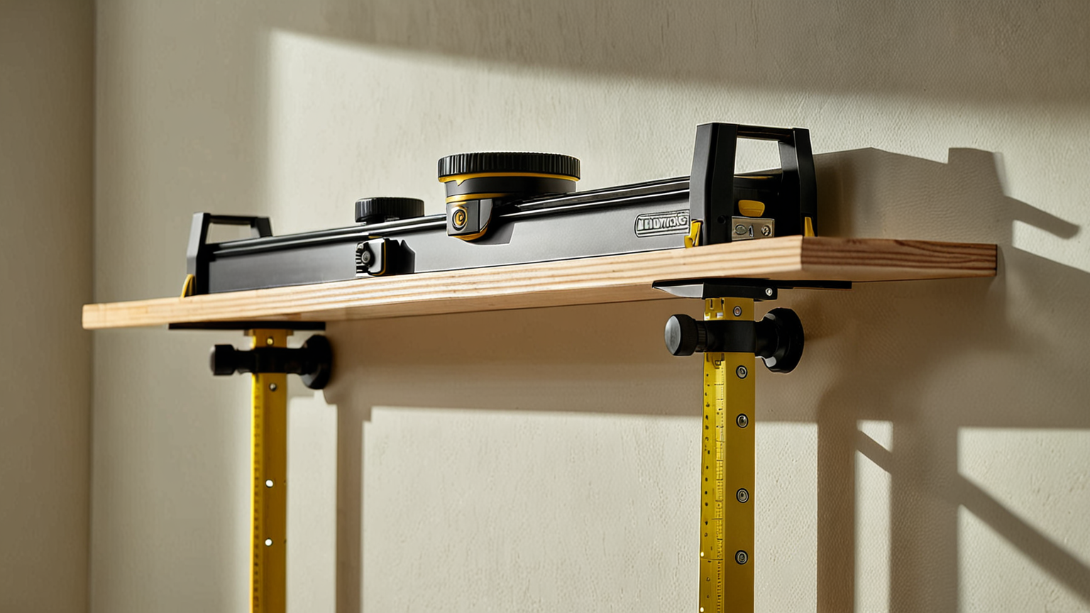 レベル器で棚の水平を確認する様子