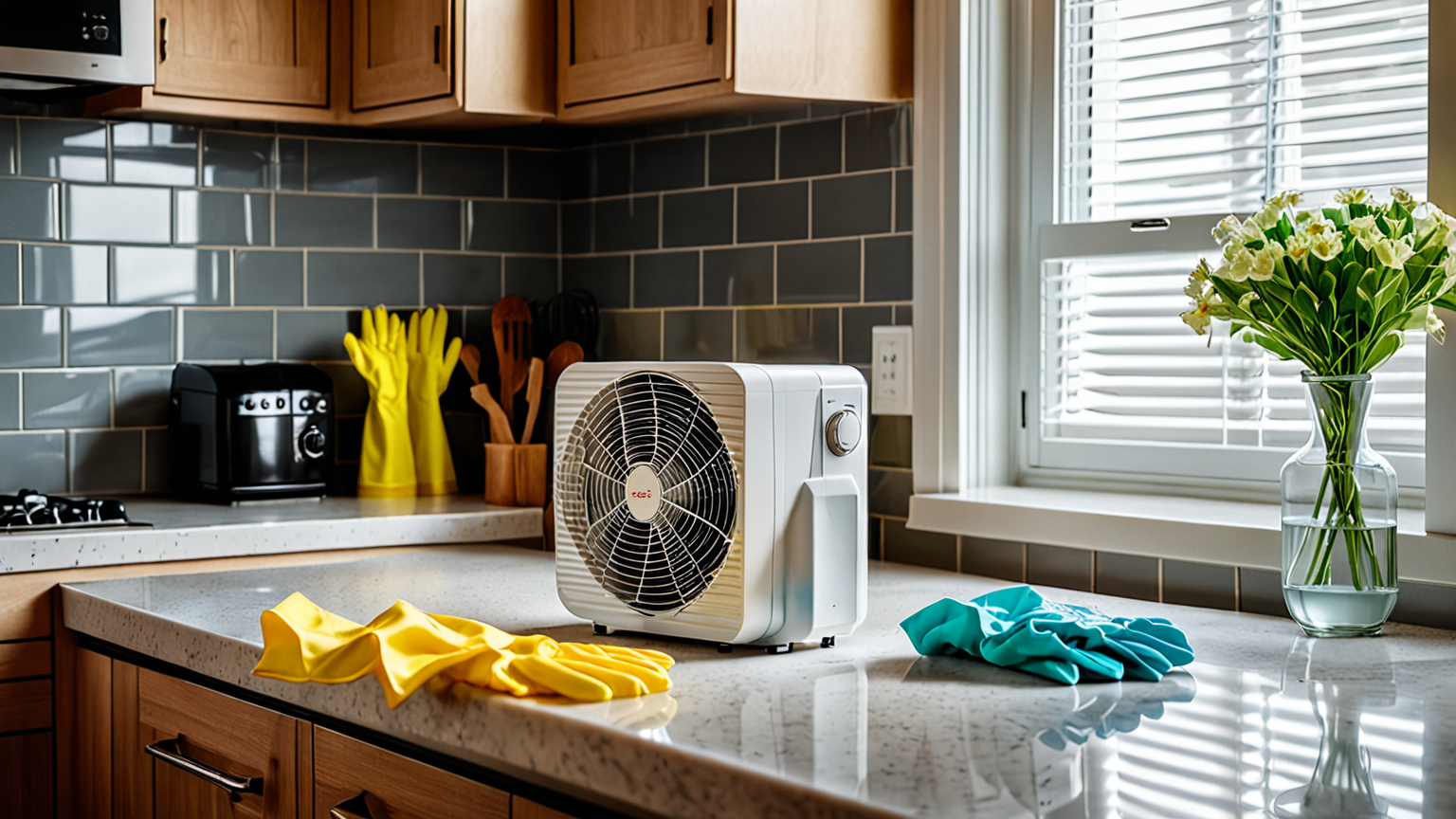 ゴム手袋をはめて換気扇を掃除している様子