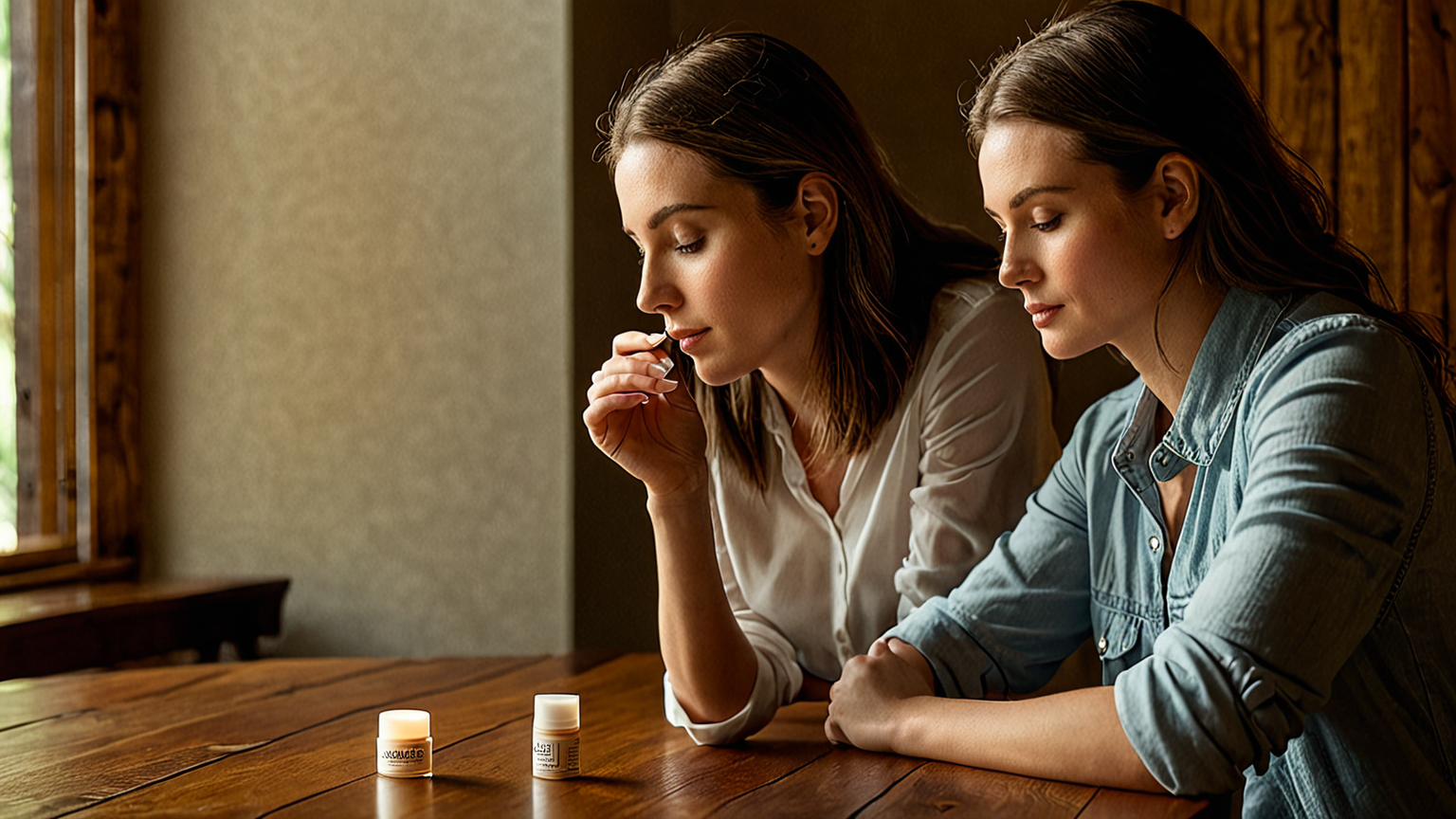 困った表情の女性がリップを見る