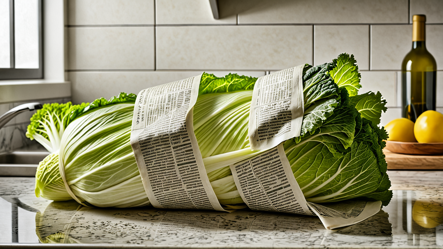 新鮮な白菜を新聞紙で包む様子