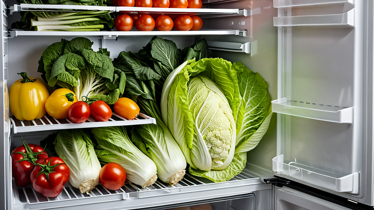 冷蔵庫で白菜を立てて保存する様子