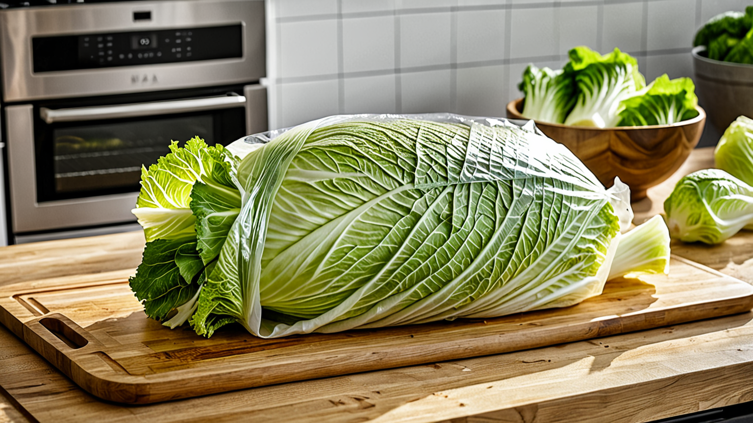 カットした白菜をラップで包む様子