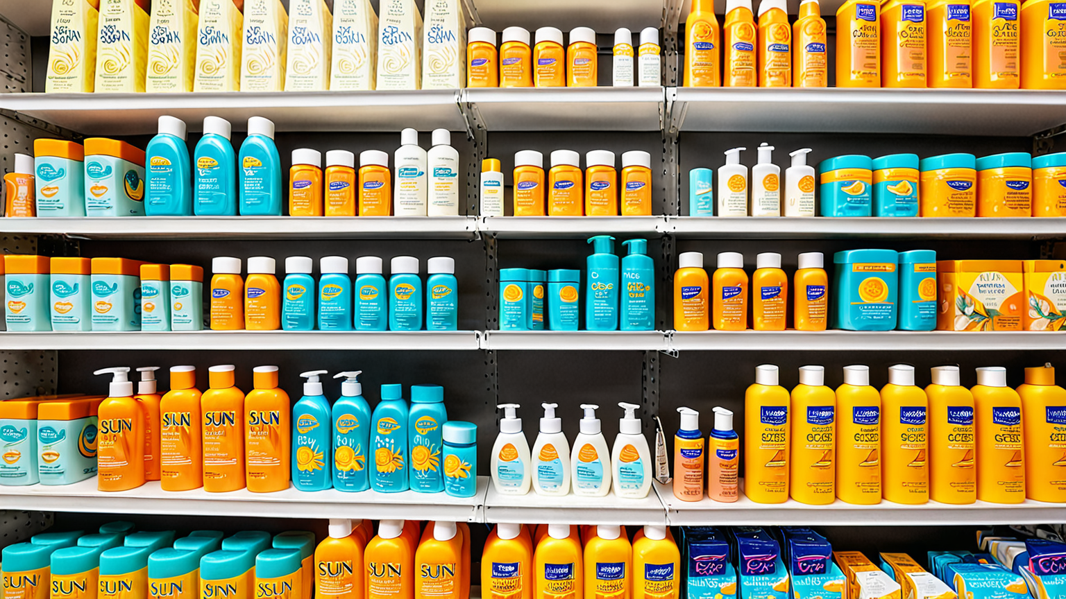 夏の日焼けケア商品が並んだ棚の写真