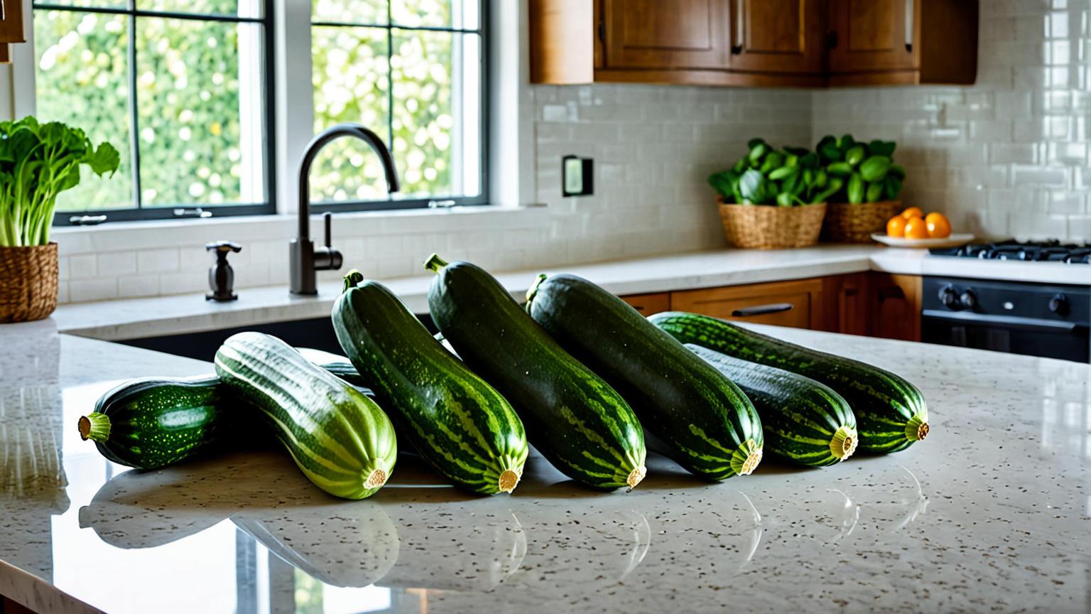新鮮なズッキーニが並んだキッチン