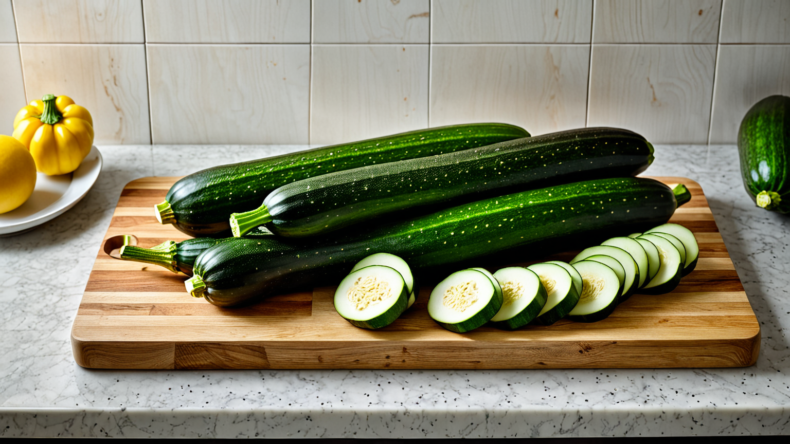 まな板の上でカットされるズッキーニ