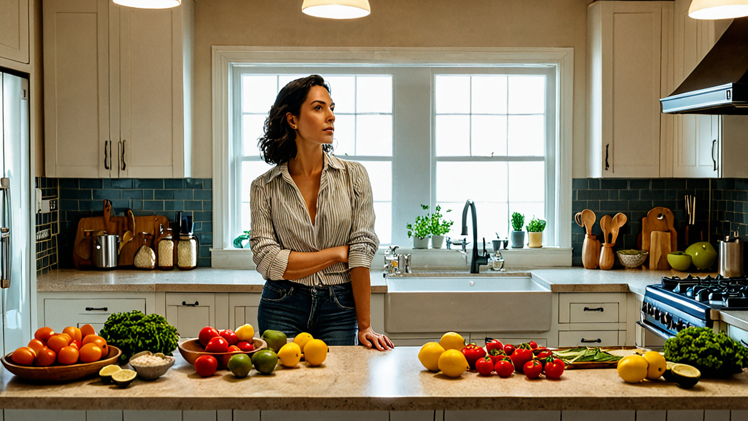 困った表情の主婦が調理を考えている様子