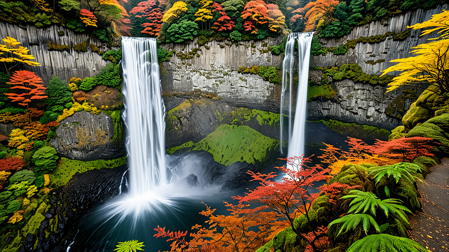 日光の華厳の滝と紅葉の風景