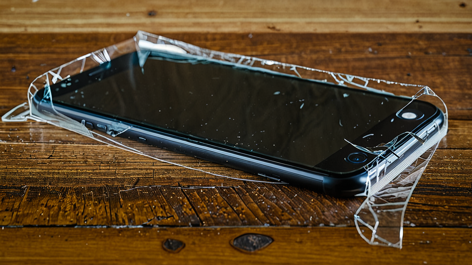 割れたスマホ画面に透明テープを貼っている様子