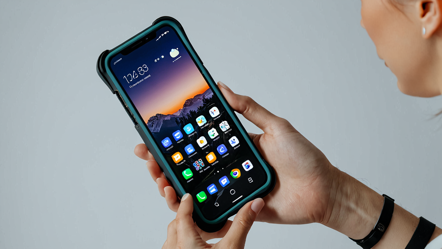 スマホを衝撃吸収ケースに入れて持つ様子