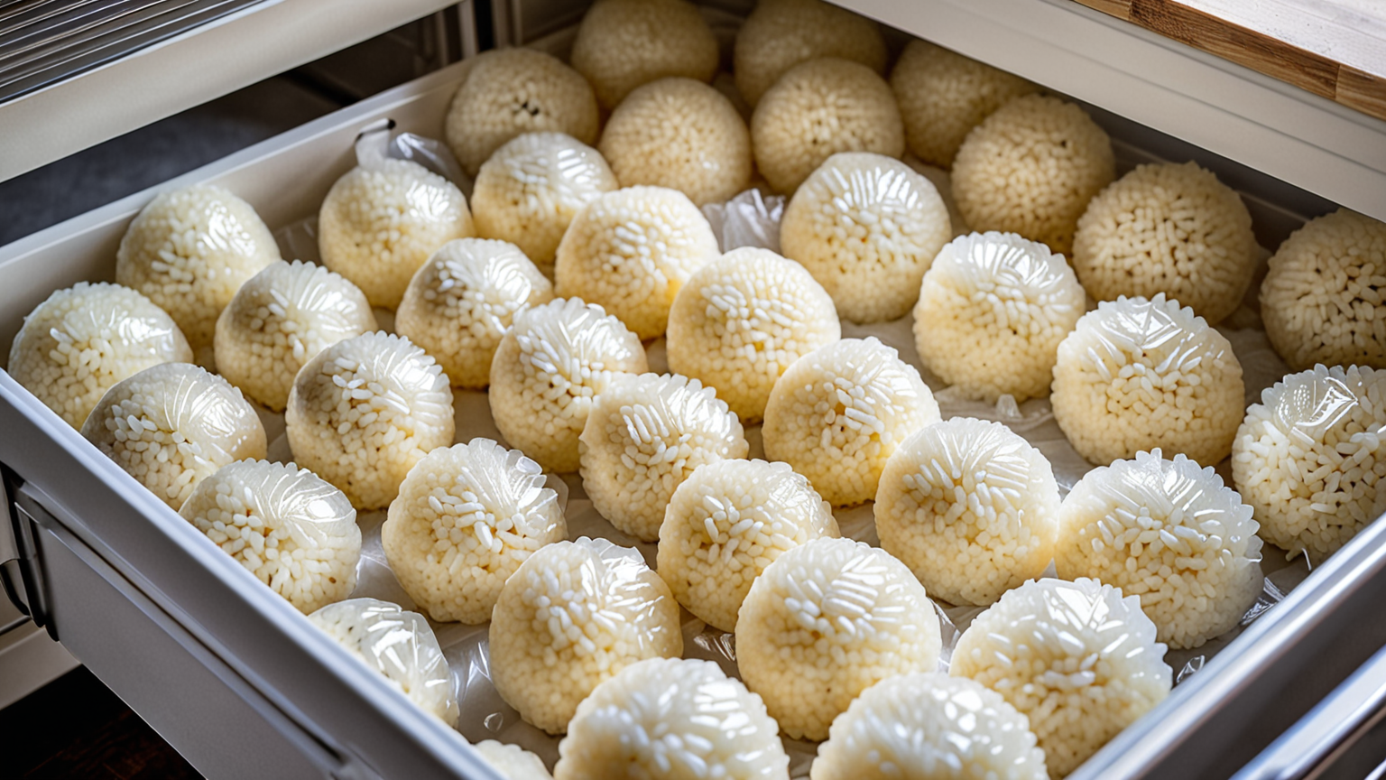 おにぎりが並んだ冷凍庫の中