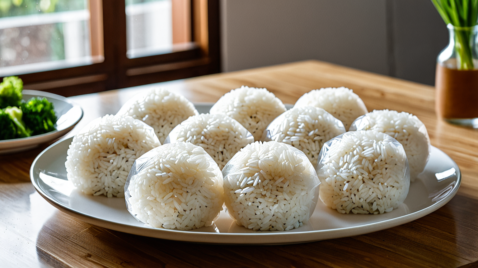 おにぎりをラップで包む手元のアップ