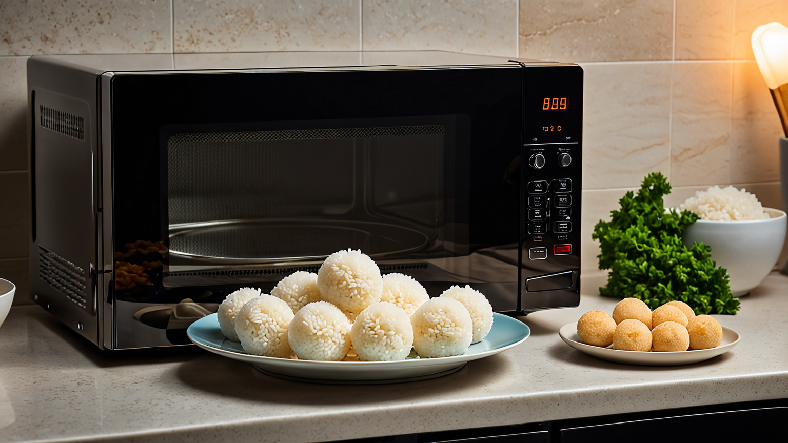 電子レンジで解凍中のおにぎり