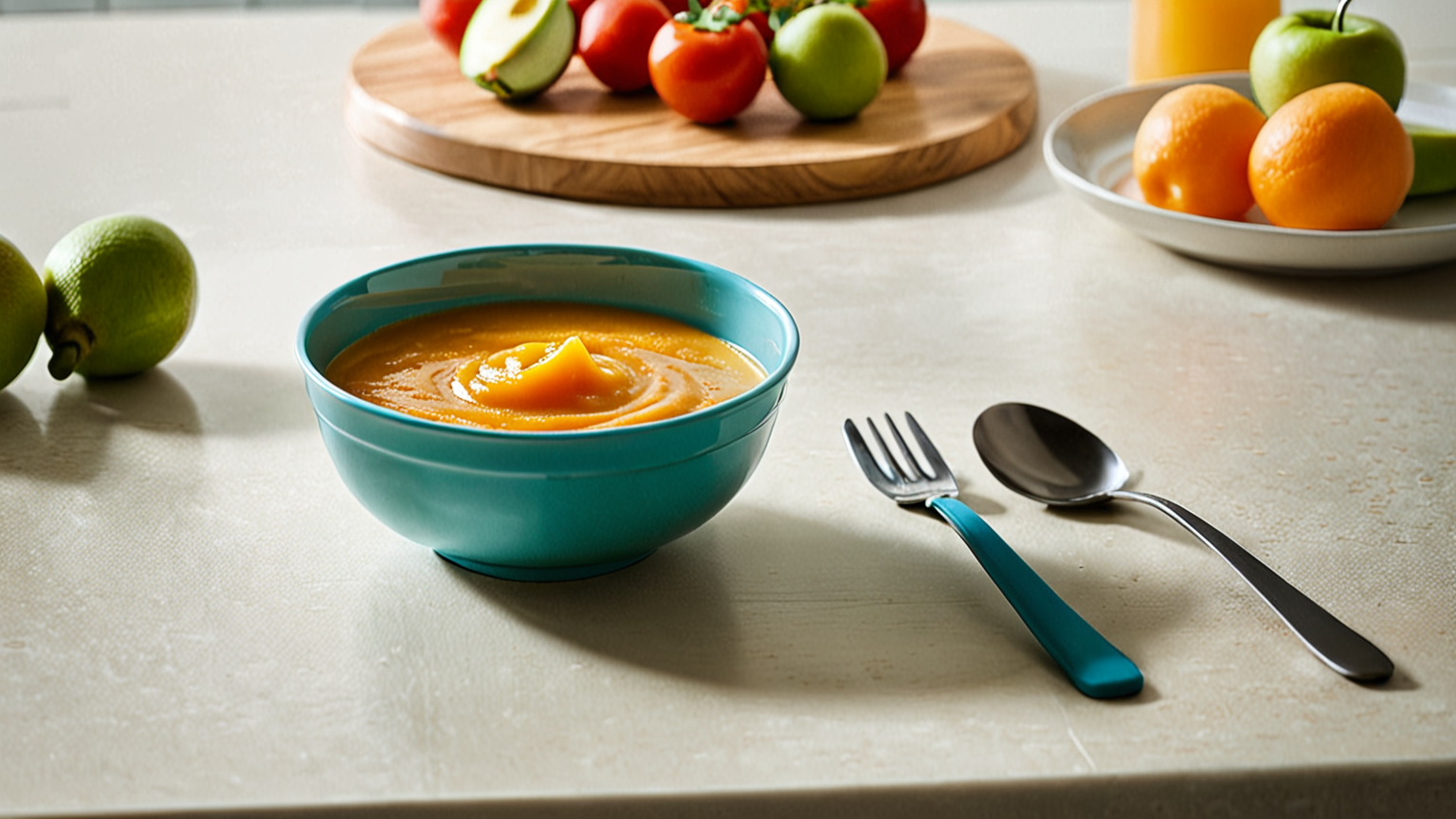 清潔なスプーンでベビーフードをすくう様子