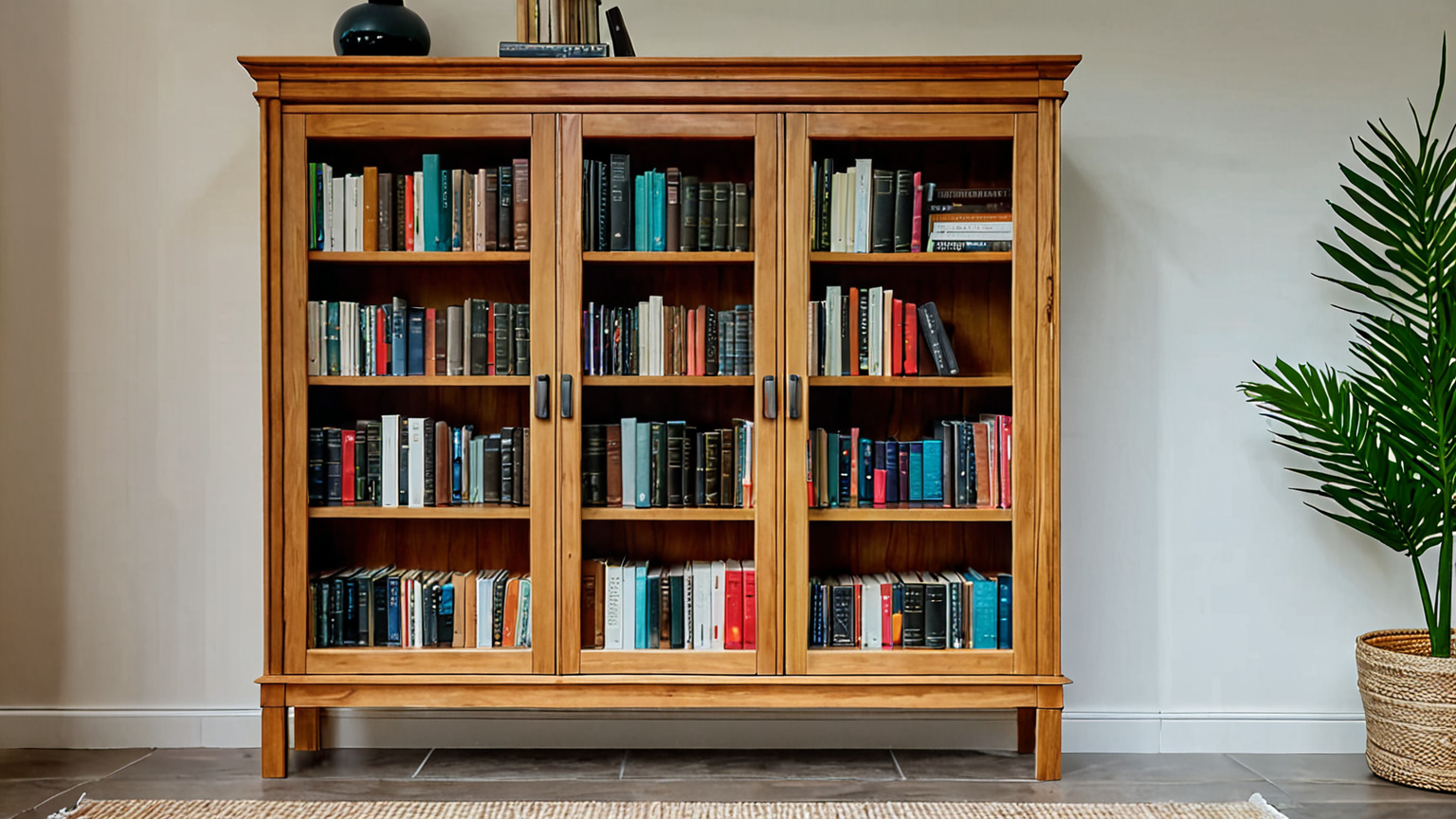 扉付き本棚でほこりを防ぐ様子