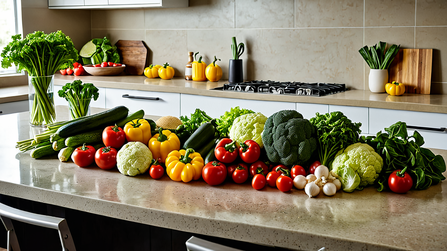 新鮮な野菜が並ぶキッチン